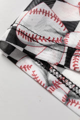 Black Checkered Baseball Bow Print High Neck Long Sleeve Mesh Top