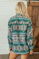 Green Geometric Print Button Front Long Sleeve Shacket