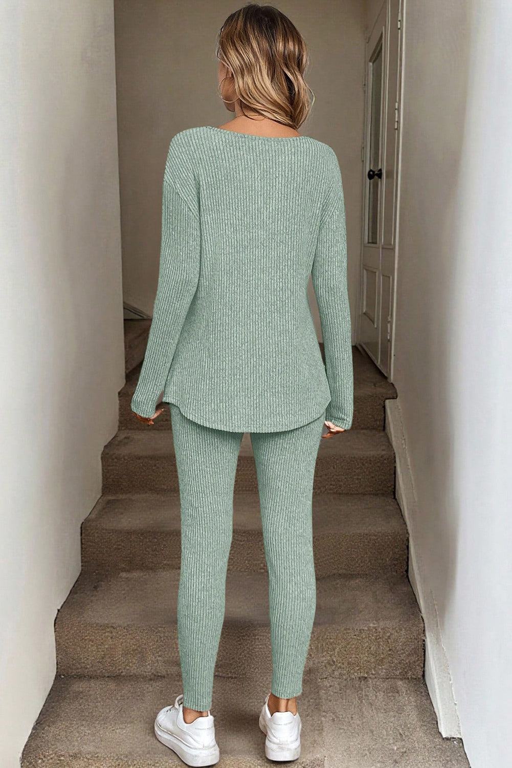 Racing Red Ribbed Notched Neck Knit Long Sleeve Leggings Two Pieces Lounge Set