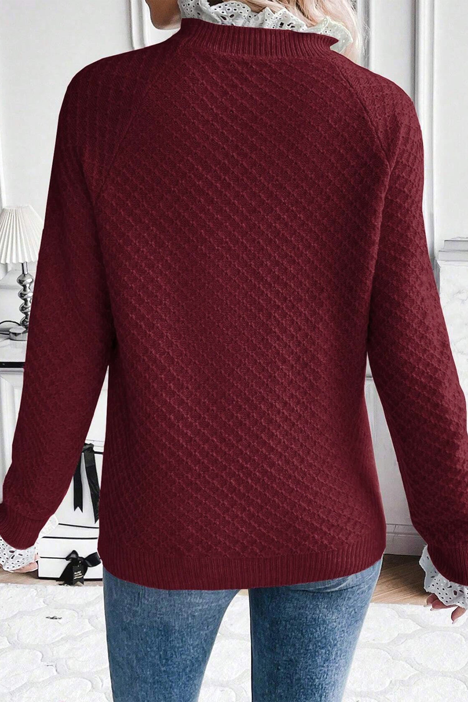 Burgundy  Contrast Lace Frilled Trim Raglan Sleeve Sweater