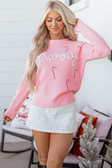 Pink Merry Candy Cane Puffy Knit Crew Neck Sweater