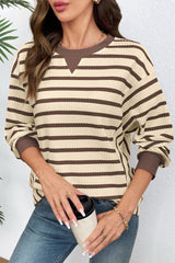 Brown Stripe Patchwork Ribbed Cuff Casual Pullover Sweatshirt