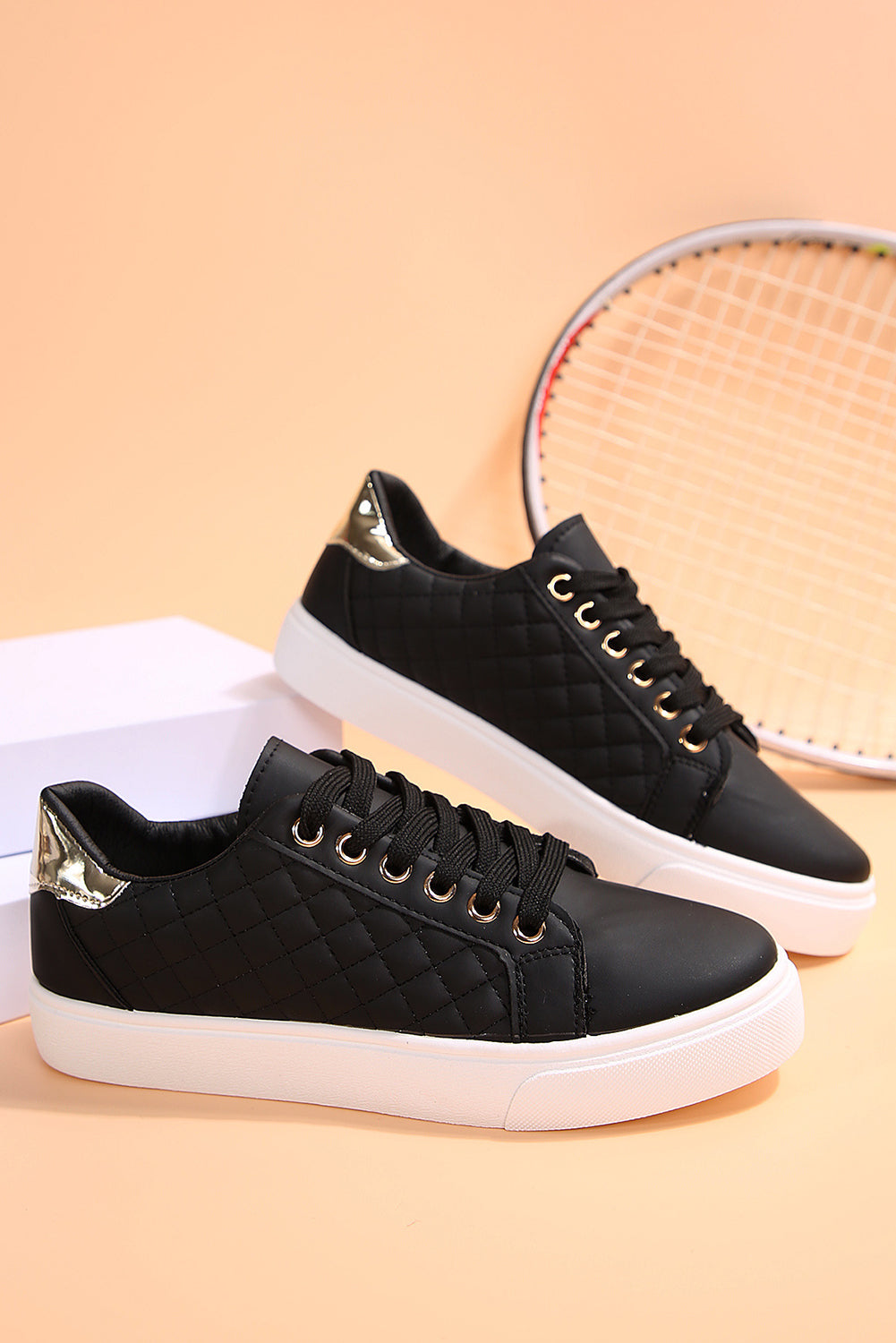 Black Quilted Lack Up Sneakers