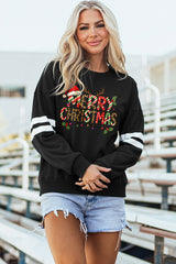 Black MERRY CHRISTMAS Trendy Print Varsity Sweatshirt