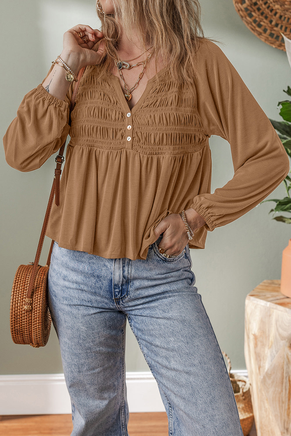 Black Smocked Bust Buttoned Split V Neck Flowy Blouse