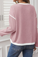 Light Pink Contrast Color Trim Knit Drop Shoulder Loose Top