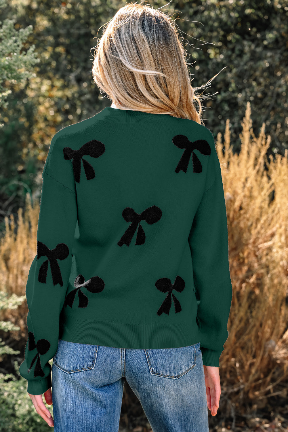 Smoke Gray Pearl Embellished Bow Pattern Loose Sweater
