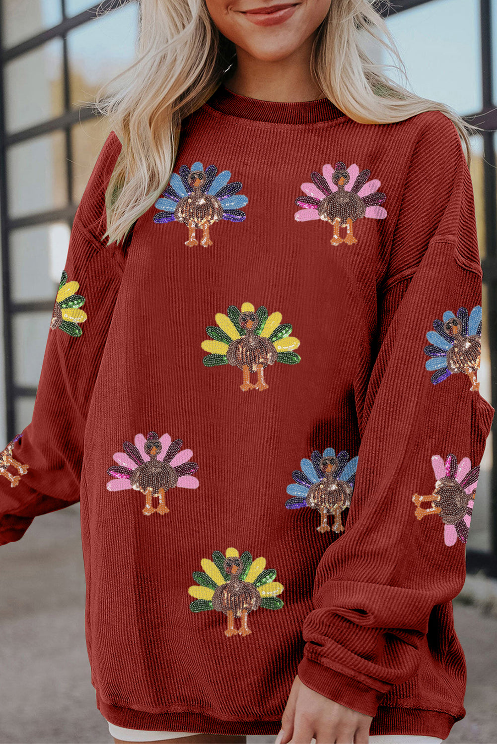 Smoke Gray Turkey Graphic Corded Baggy Sweatshirt