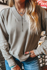 Parchment Geometric Embroidered V Neck Sweatshirt