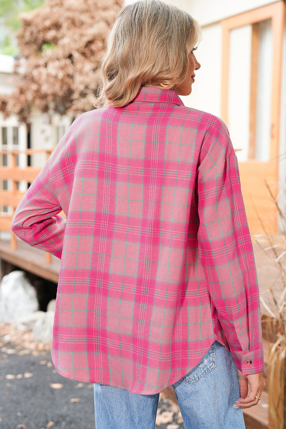 Sachet Pink Plaid Rounded Hem Long Sleeve Shirt Shacket
