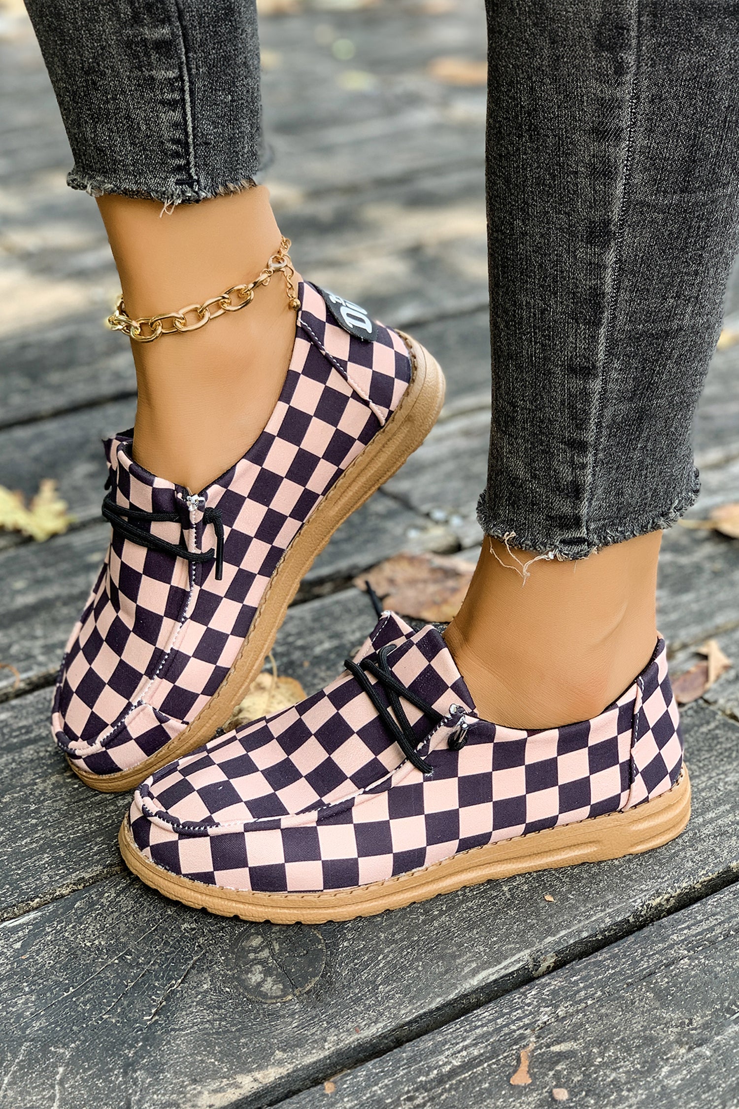 Dark Brown Checkered Print PU Leather Lace Up Detail Flat Shoes