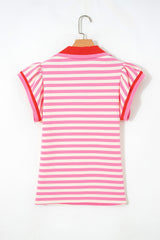 Rose Stripe Contrast Trim Polo Collar Ruffled Short Sleeve Blouse
