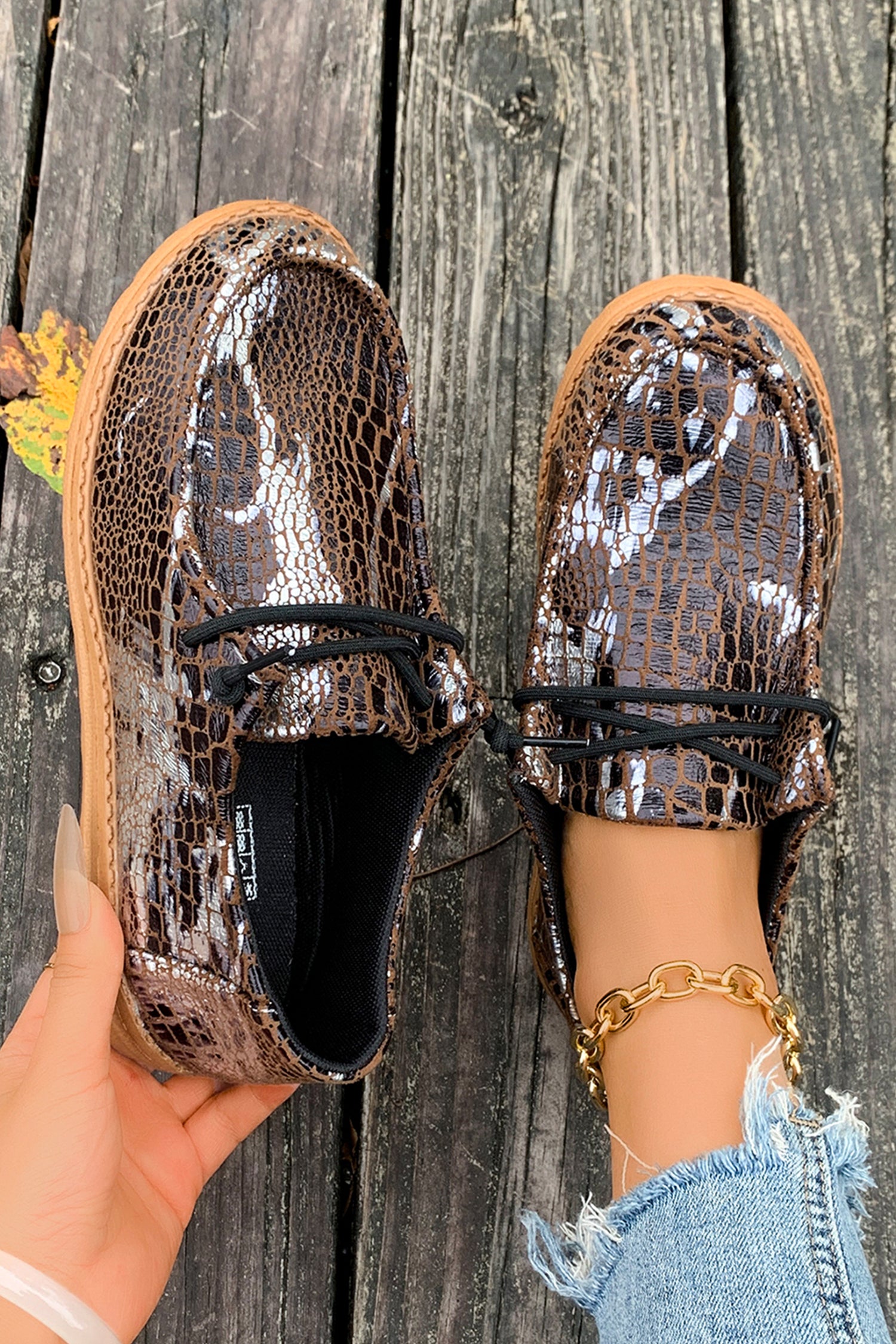 Coffee Sleek Snake Skin Print Lace-up Detail Comfort Loafer Shoes
