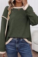 Four Leaf Clover Contrast Color Trim Knit Drop Shoulder Loose Top