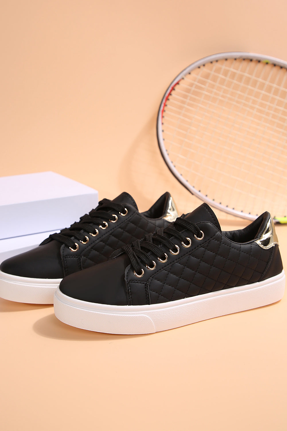 Black Quilted Lack Up Sneakers