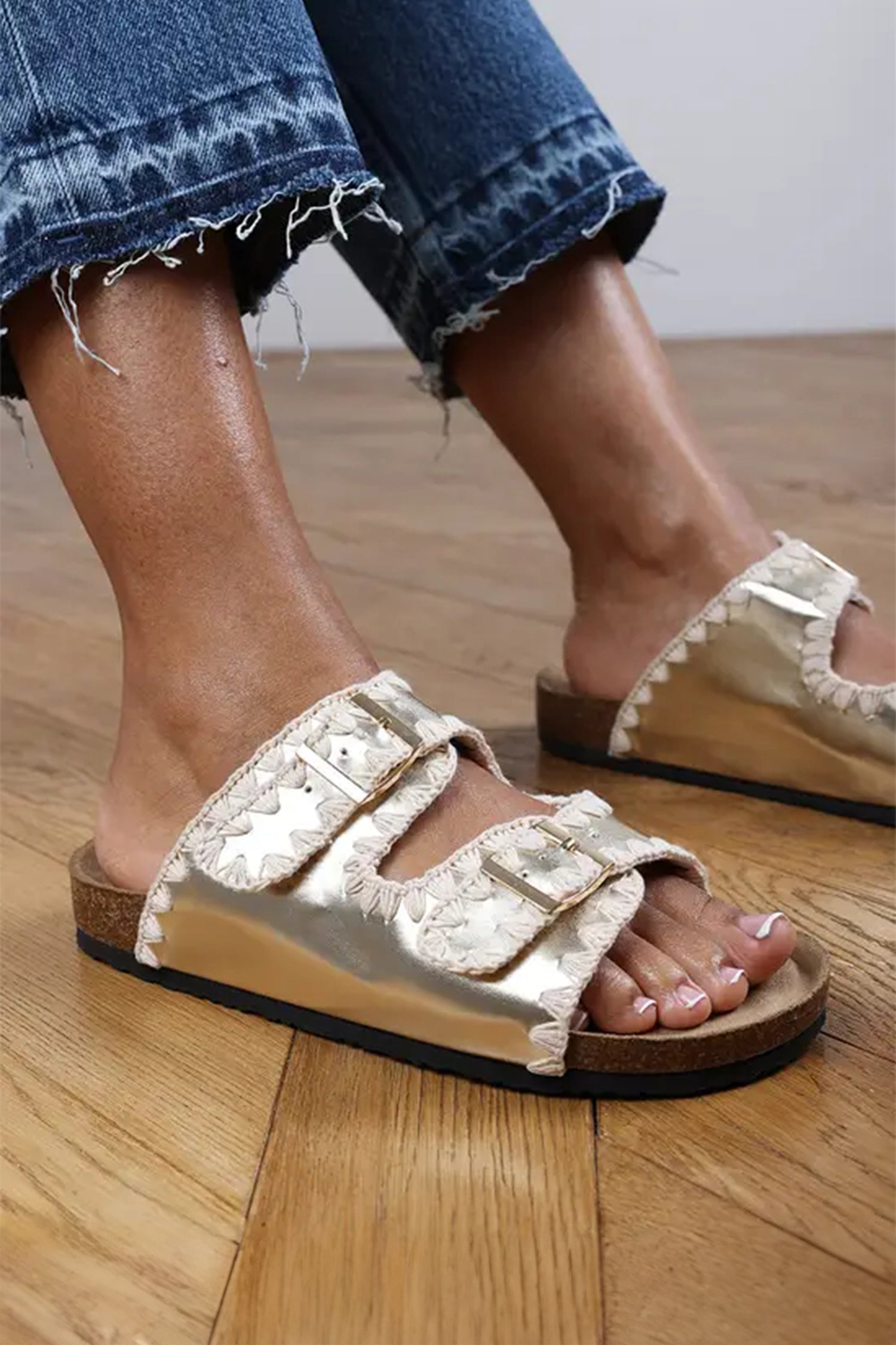 Gold PU Leather Contrast Stitch Flat Sliders