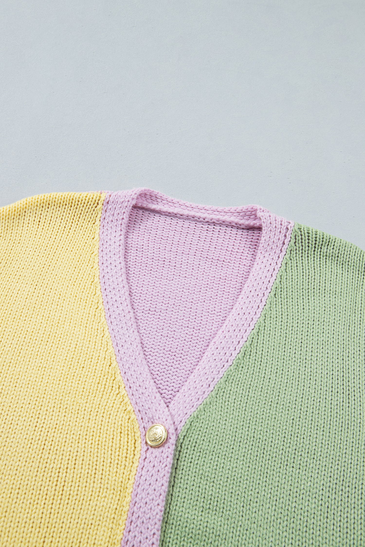 Yellow V Neck Drop Shoulder Patchwork Regular Wash Knitwear Cardigan