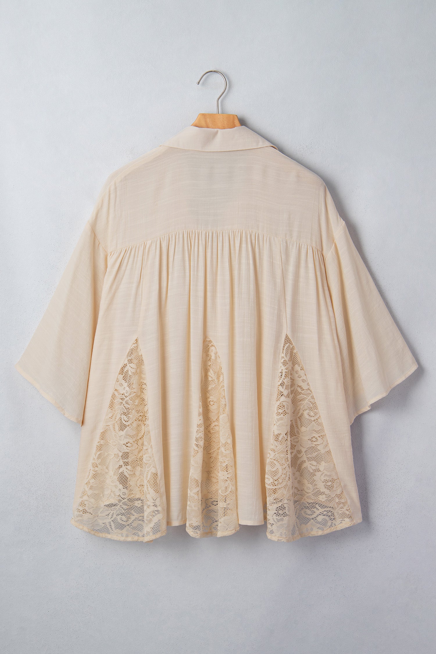 Oatmeal Sheer Lace Splicing Detail Bracelet Sleeve Loose Flowy Shirt