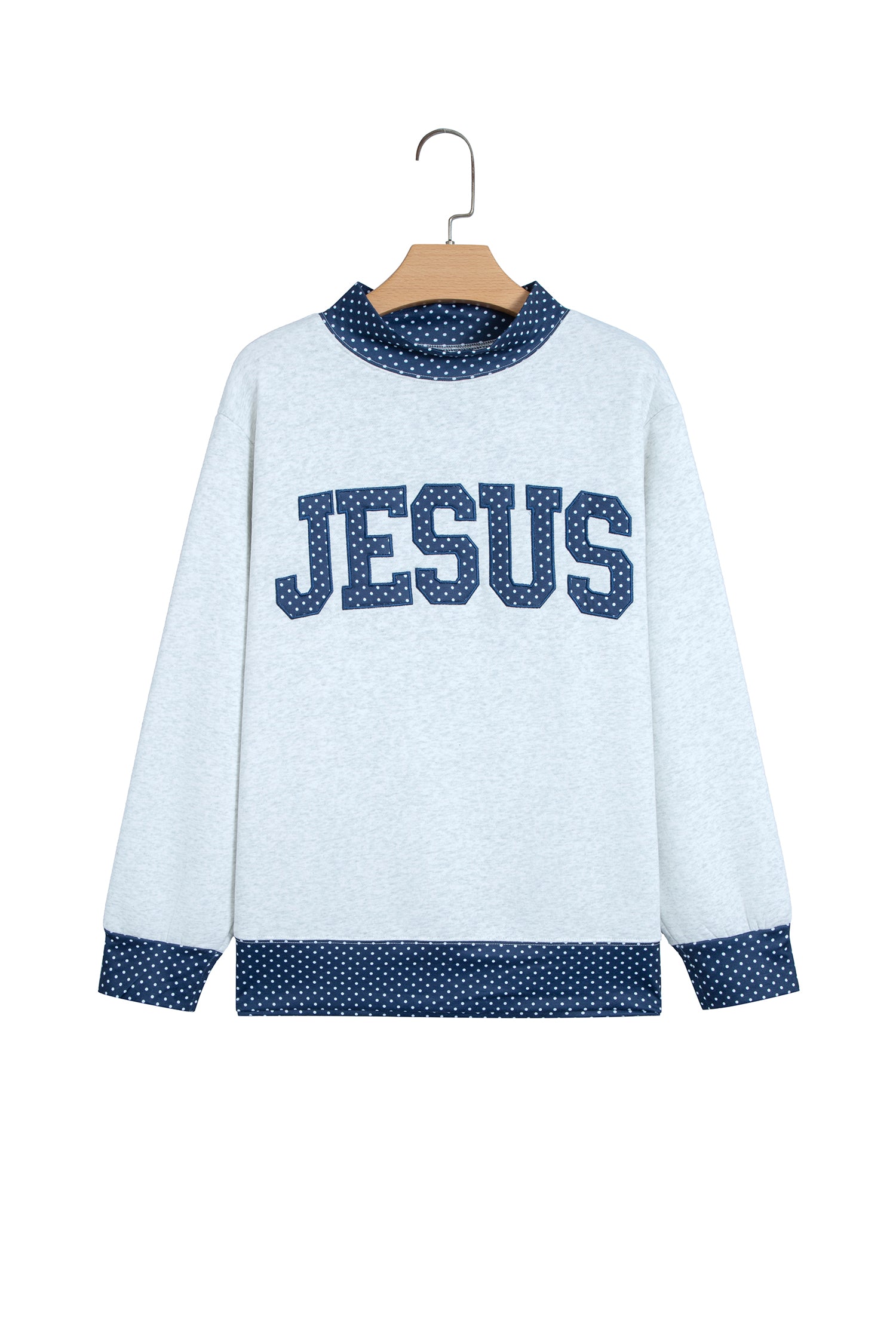 Light Grey Polka Dot Contrast Trim JESUS Letter Graphic Sweatshirt