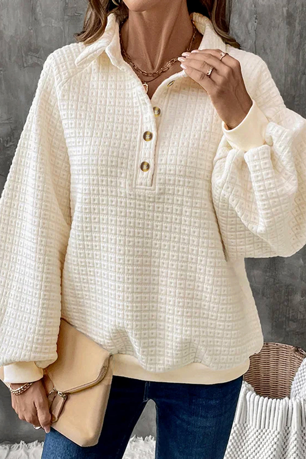 Beige Balloon Sleeve Casual Collared Button Sweatshirt