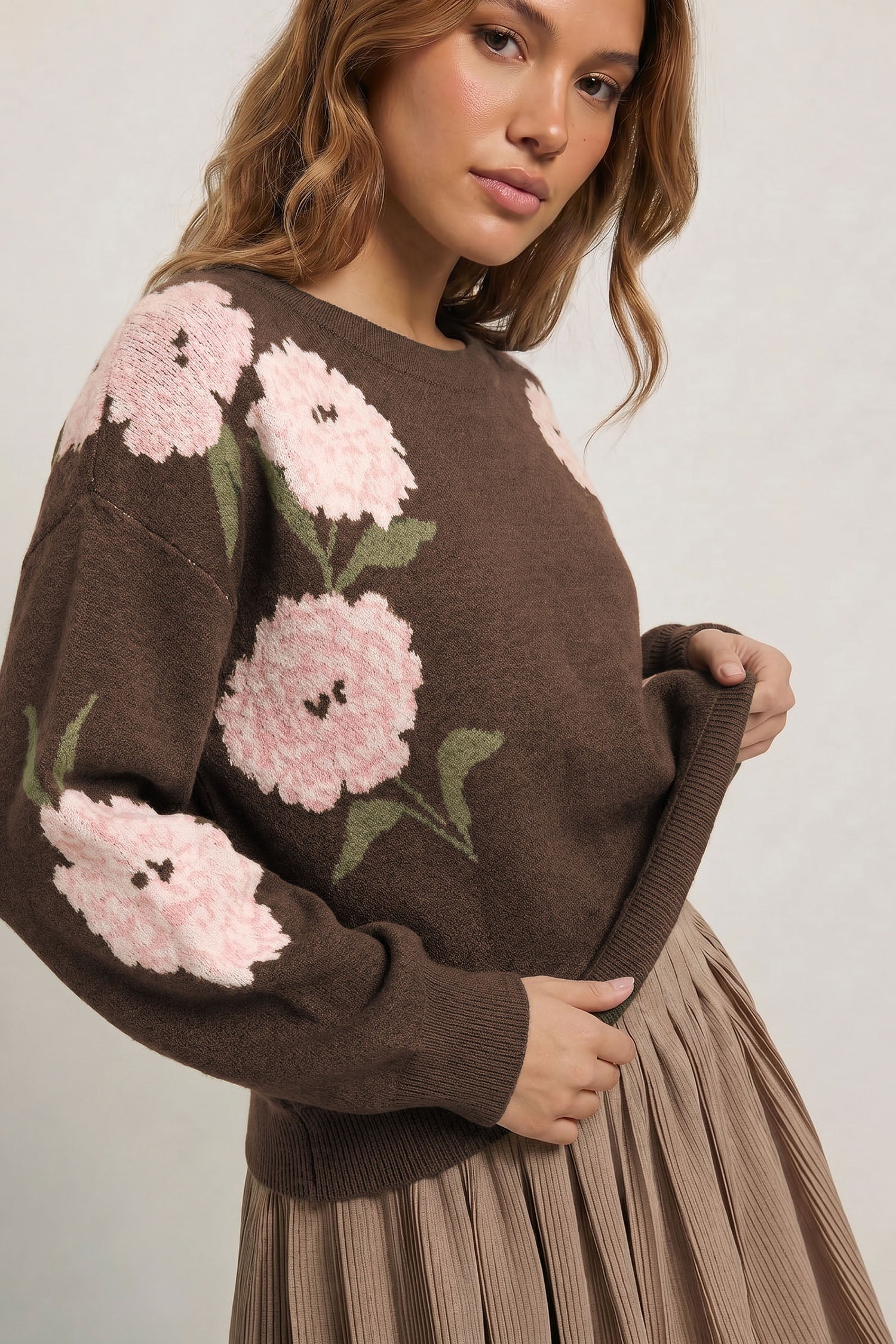 Dark Brown Floral Print Drop Shoulder Relaxed Pullover Sweater
