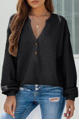 Black Button Notched Neck Waffle Knit Long Sleeve Top