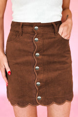 Coffee Button Front Corduroy Mini Pockets Sheath Silhouette Skirt