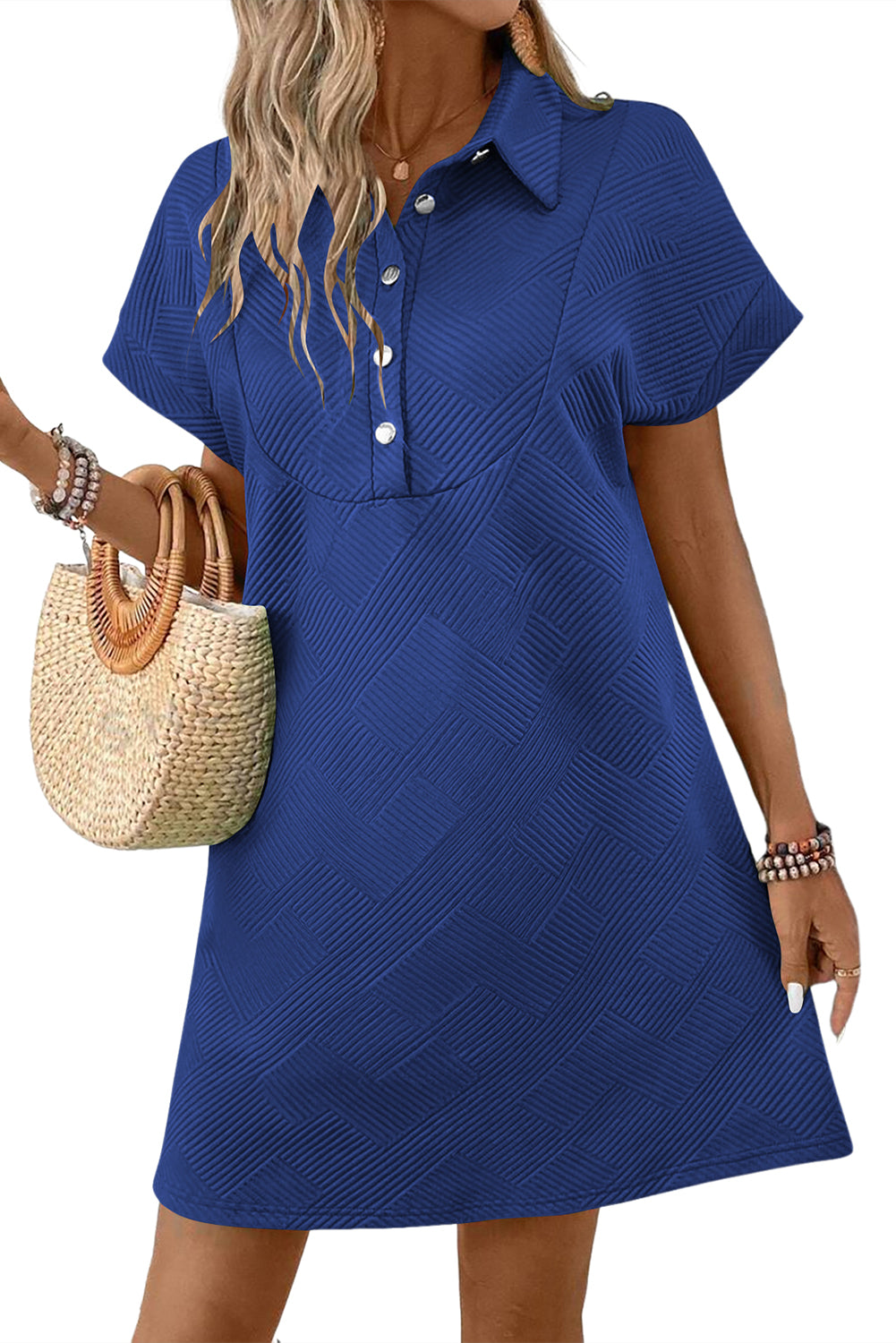 Sky Blue Solid Color Textured Short Sleeve A Line Mini Dress