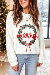 White Christmas Wreath Pattern Round Neck Casual Sweater