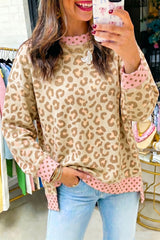 Pink Leopard Polka Dot Colorblock Trim Long Sleeve Top