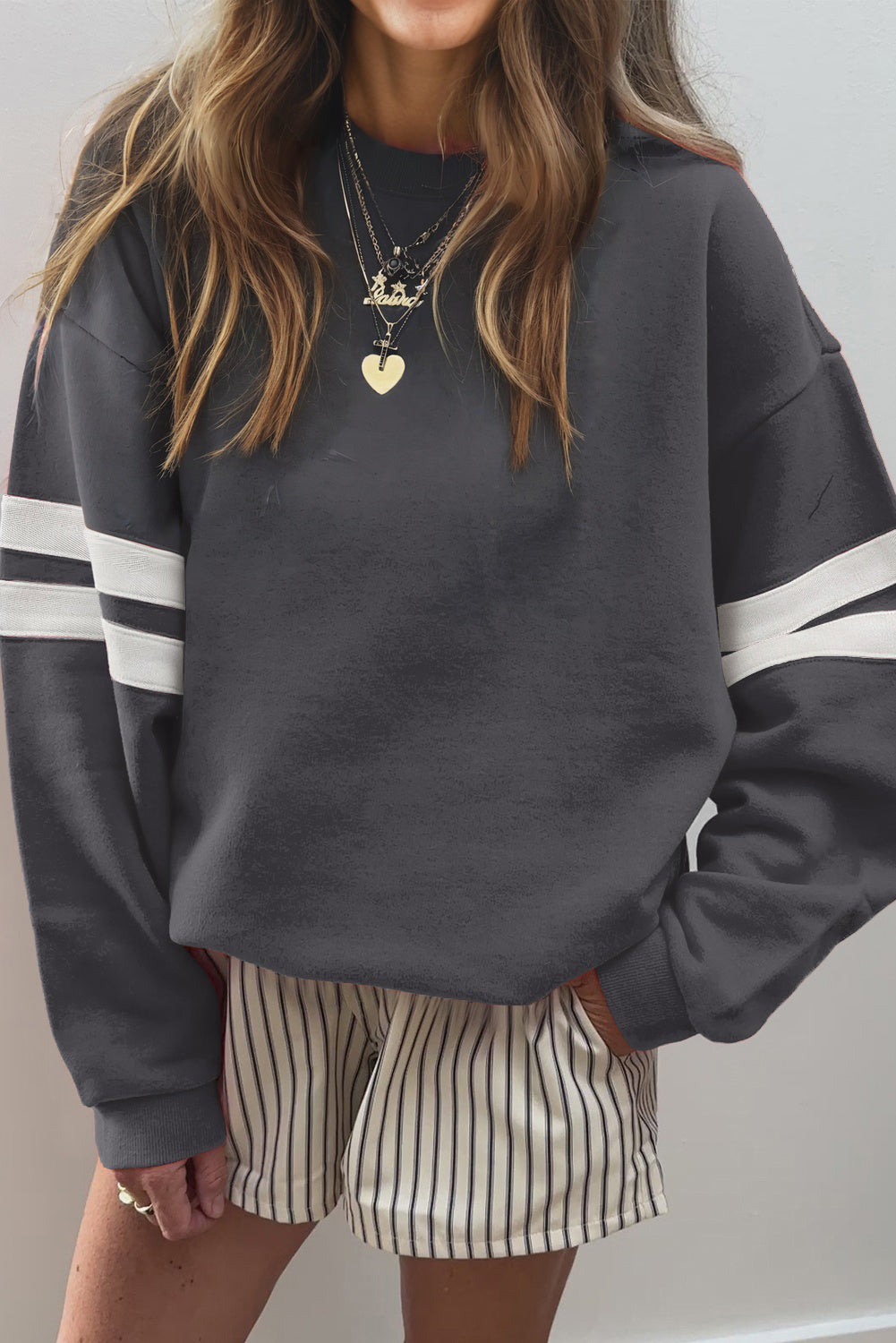 Dark Grey Preppy Striped Sleeve Loose Sweatshirt