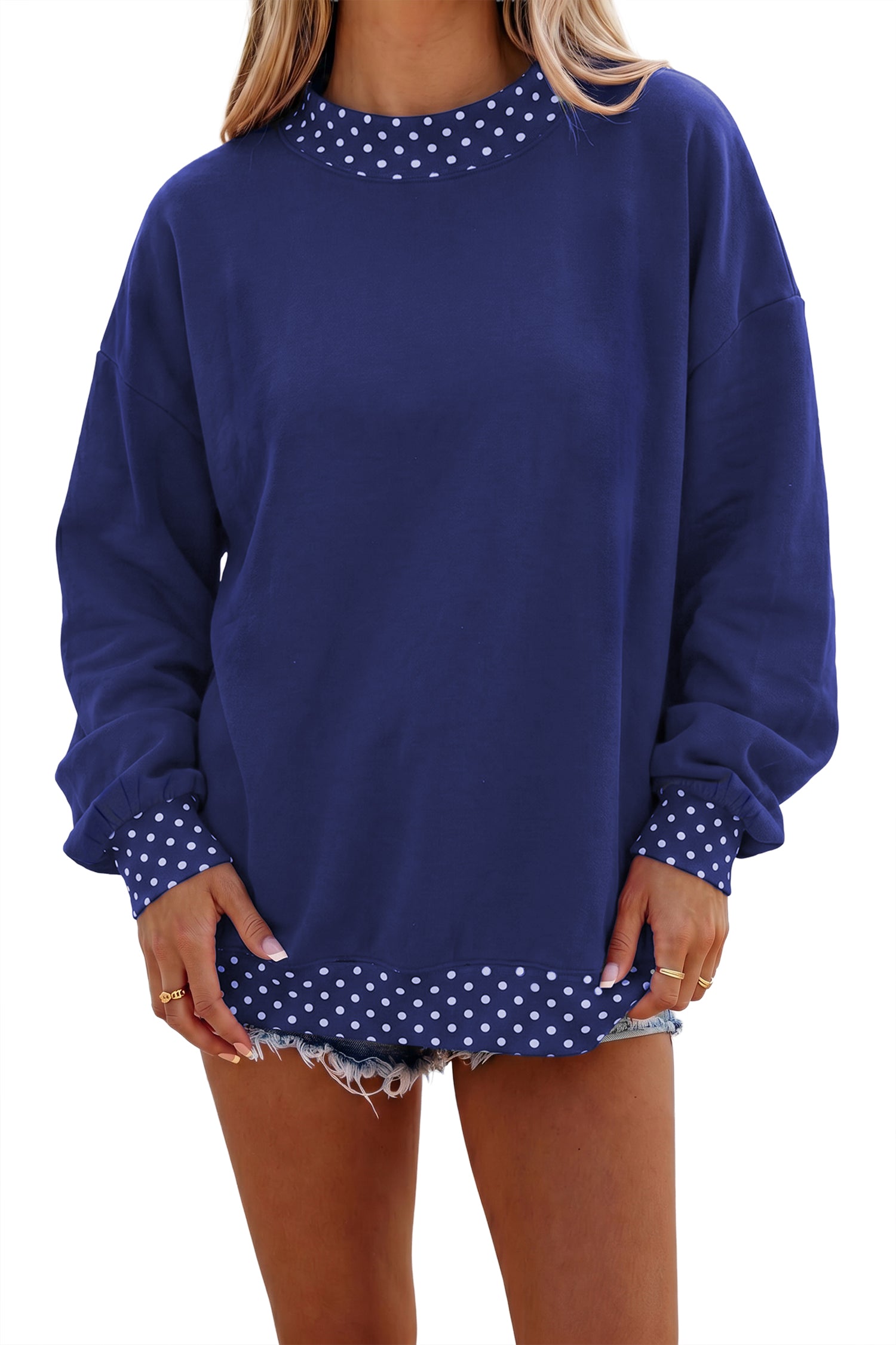 Dark Green Colorblock Polka Dot Contrast Trim Oversized Sweatshirt