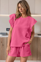 Bonbon Textured Ruffled Sleeve Tee and Drawstring Elastic Waistband Shorts Set