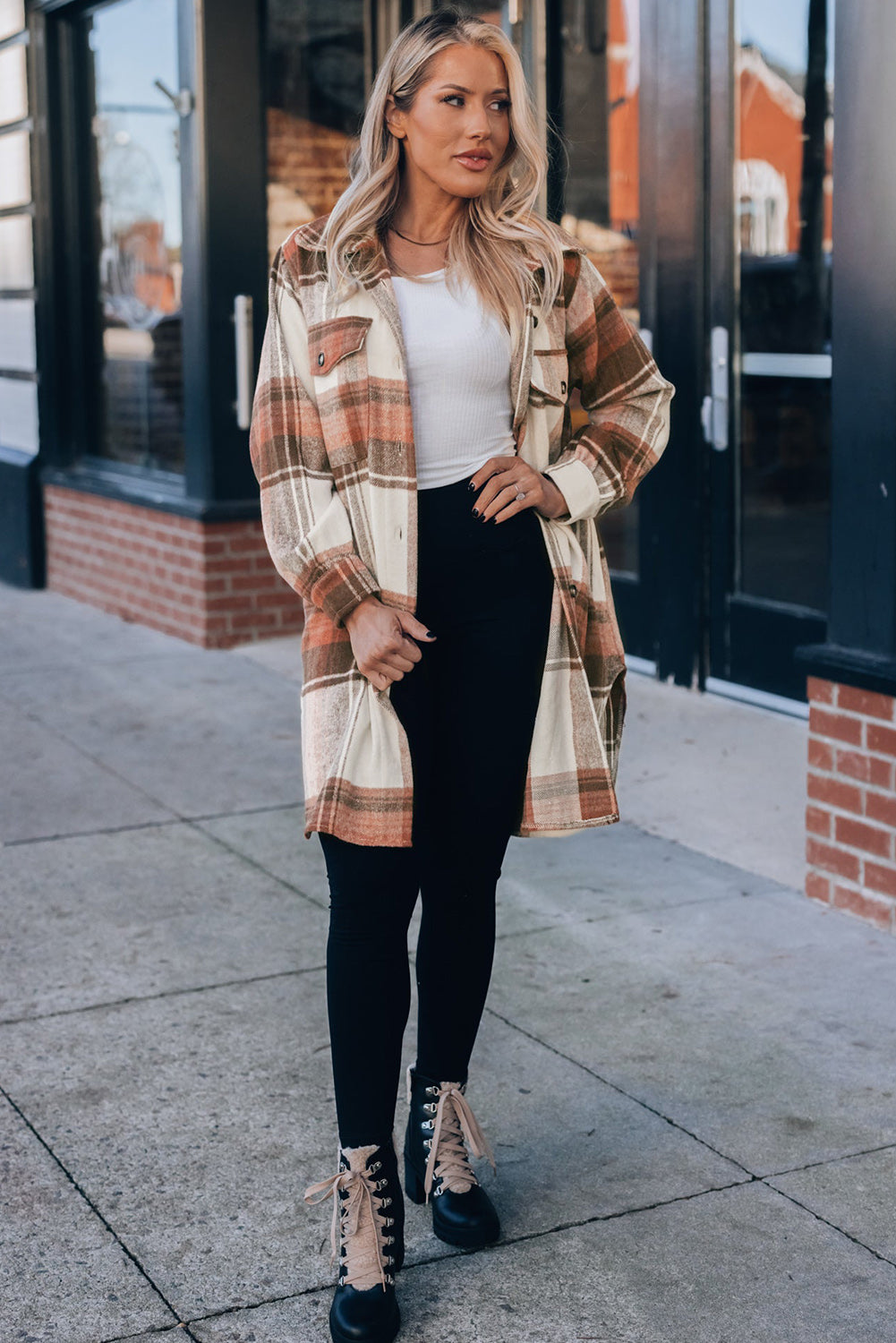Brown Plaid Casual Button Up Long Shacket with Flap Pockets