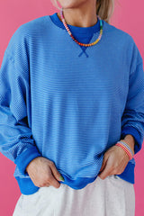 Blue Stripe Ribbed Cuffs Hem Long Sleeve Pullover Top
