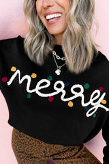 Black Merry Colorful Dot Detail Christmas Dolman Sweater