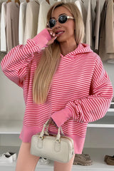 Rose Stripe Thumbhole Side Slits Drop Shoulder Loose Fit Hoodie