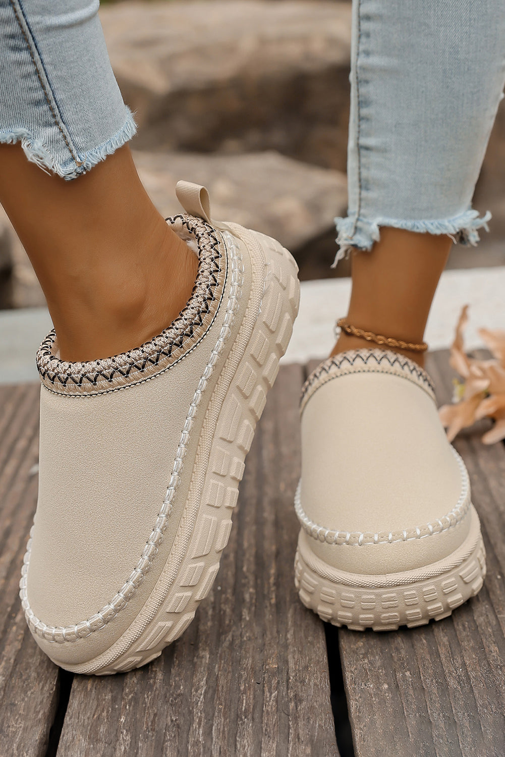Coffee Faux Suede Woven Trim Plush Lining Platform Slippers