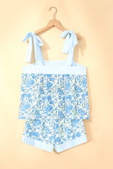 Sky Blue Floral Striped Patchwork Knot Straps 2pcs Short Set
