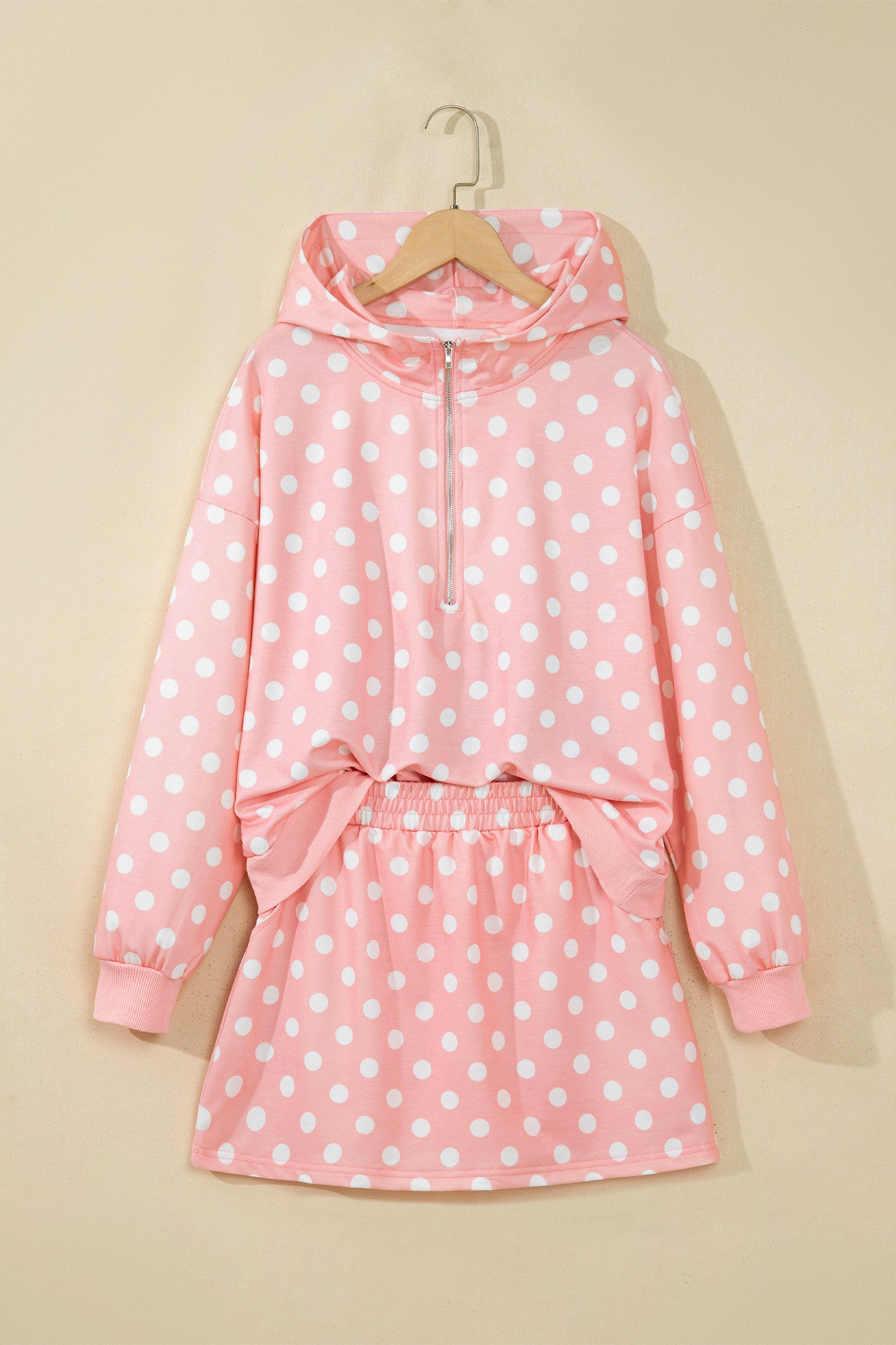 Orange Polka Dot Hooded Long Sleeve Top Casual Mini Skort Set