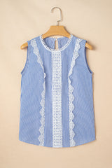Sky Blue Stripe Lace Patchwork Crew Neck Tank Top