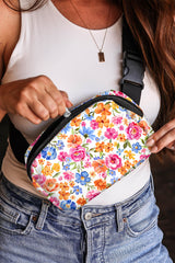 White Flower Print Buckle Wide Strap Crossbody Bag