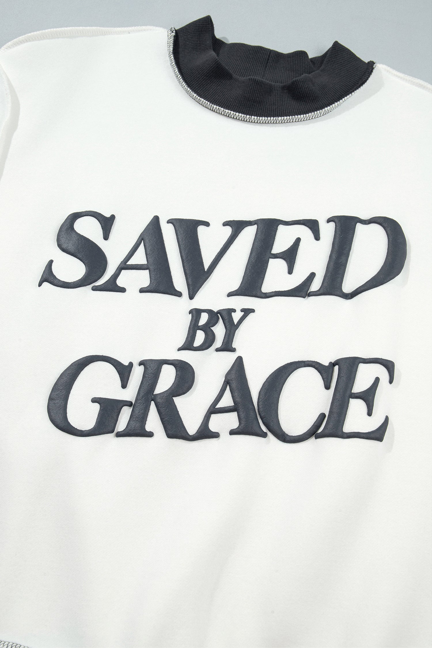 Beige Saved By Grace Print Color Block Mock Neck Oversized Sweatshirt