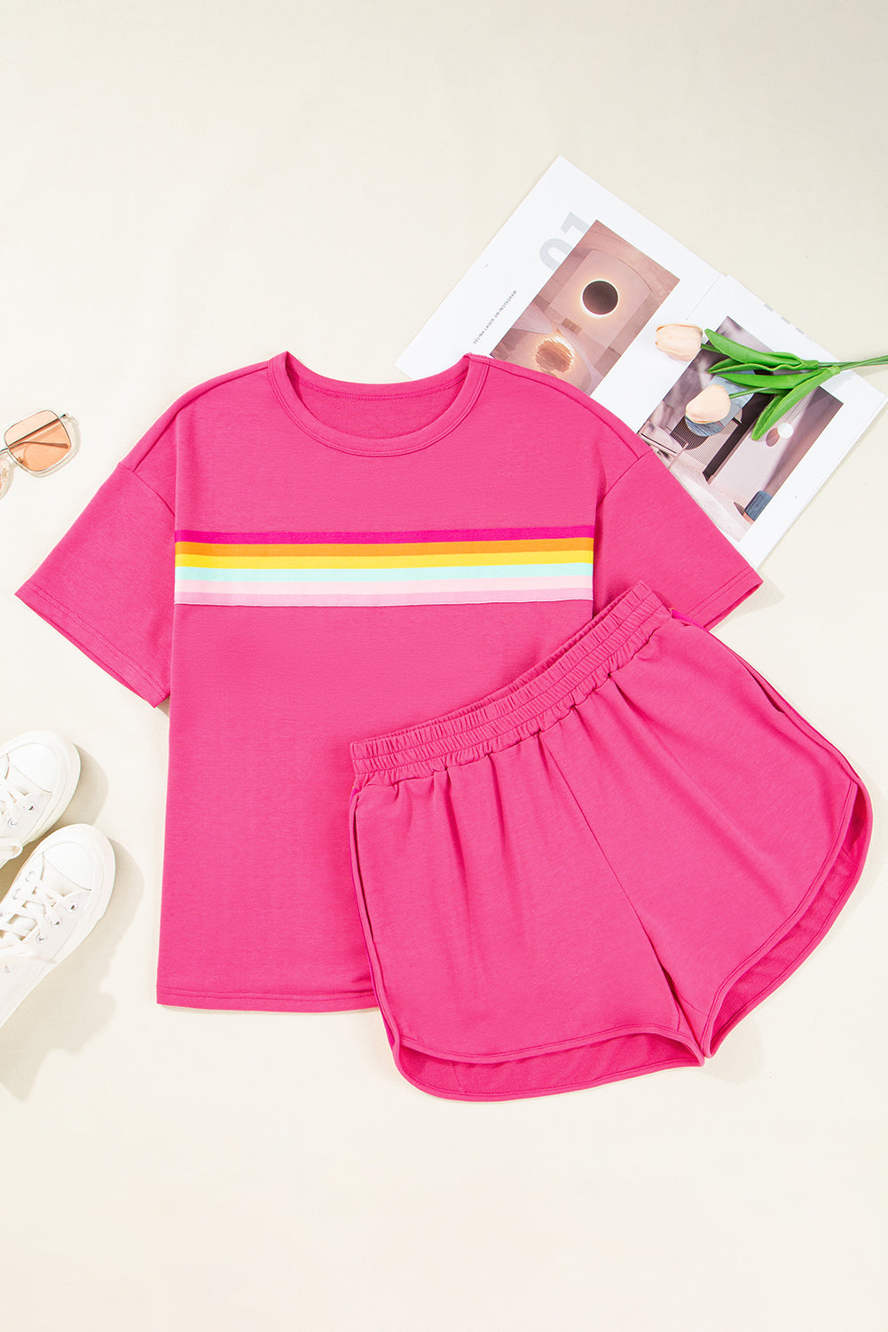 Beige Vibrant Striped Detail Athleisure 2pcs Short Set