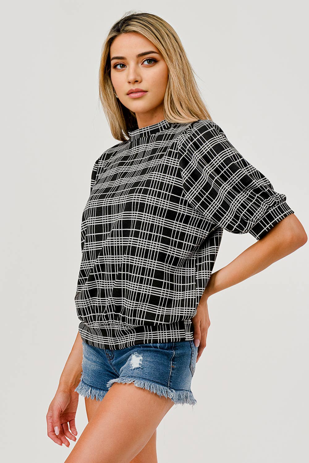 ROUND NECK 1/2 SLEEVE PLAID PUFFY SLEEVE TOP