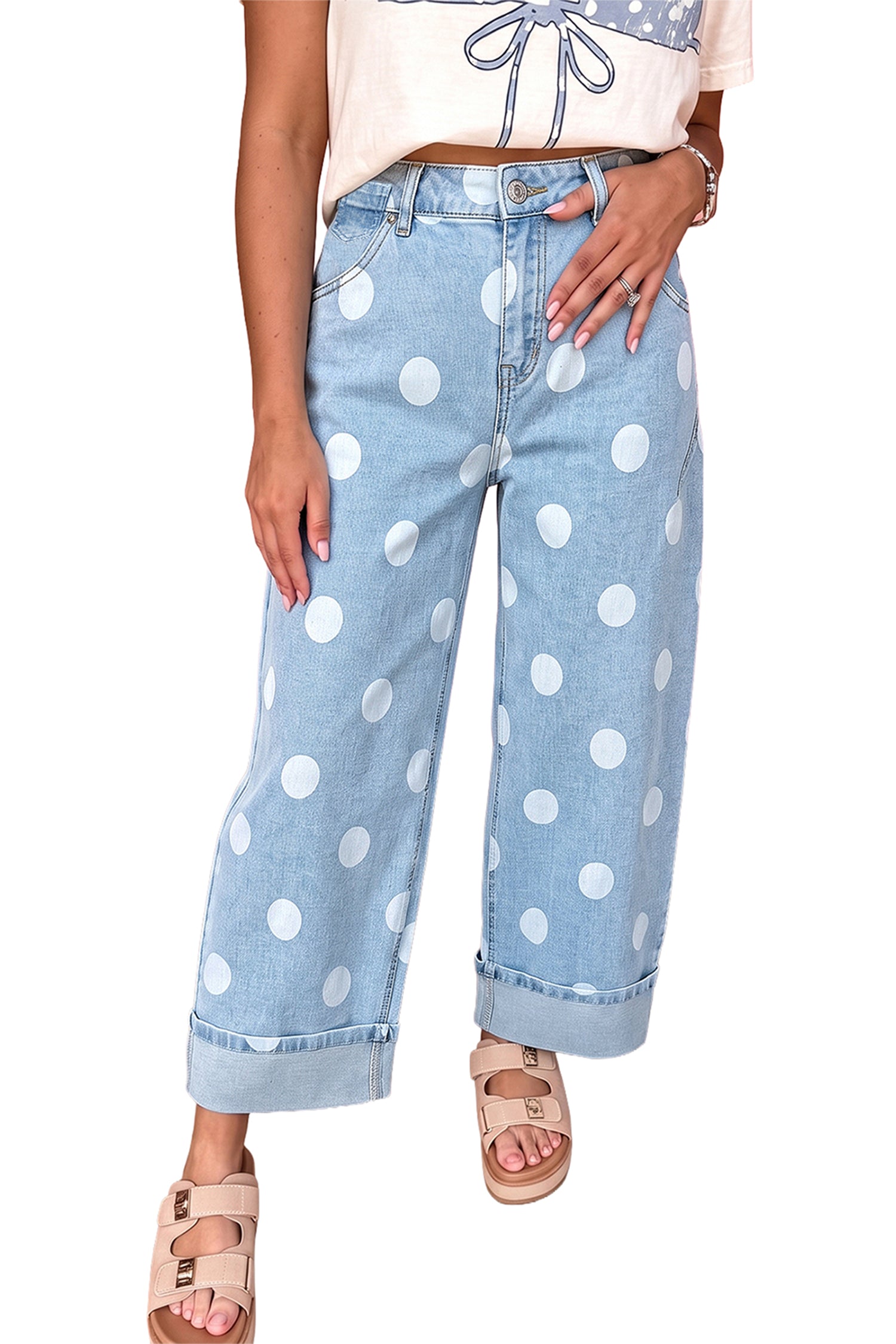 Sky Blue Polka Dot Ankle-Length Metal Button Casual Jeans