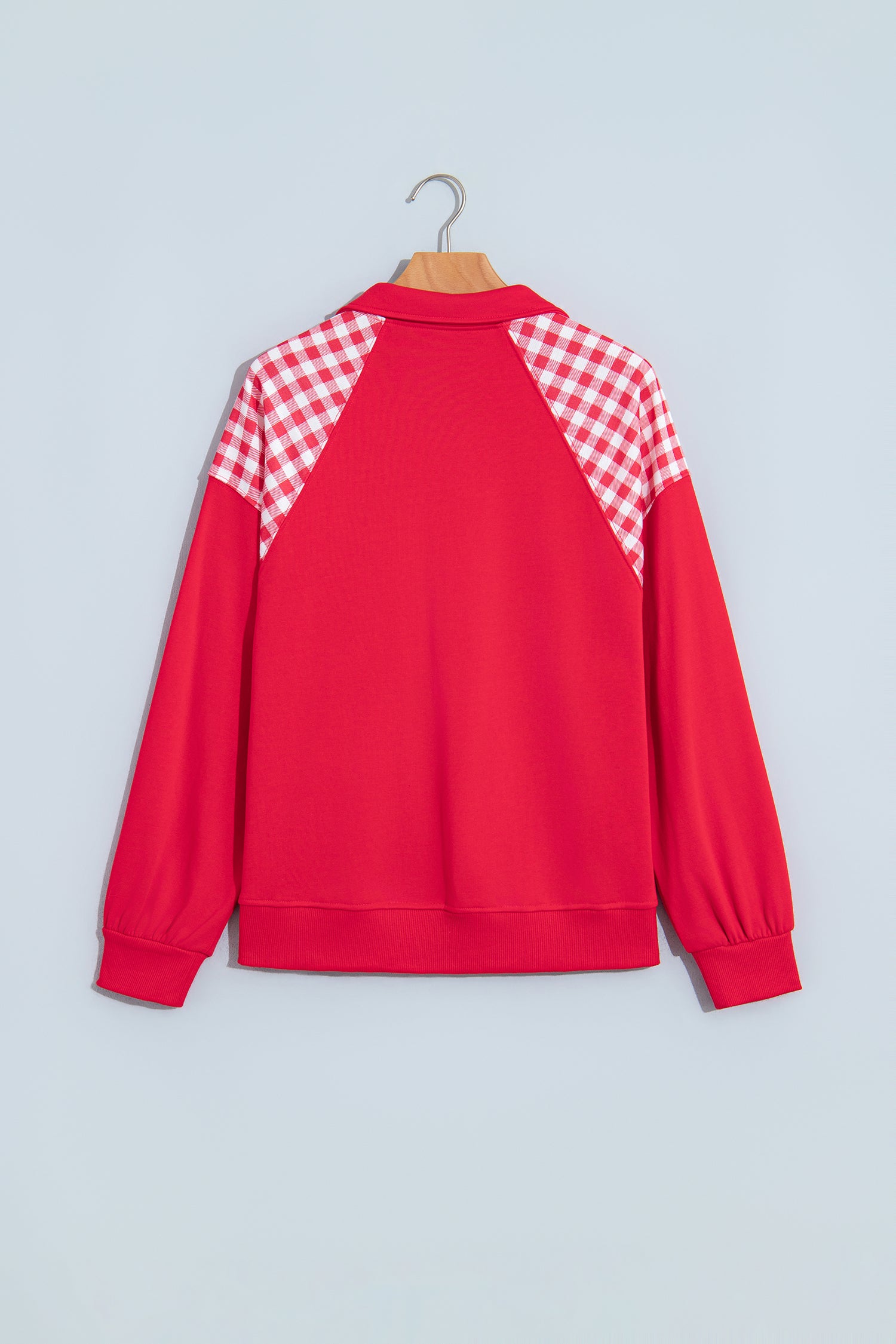 Navy Blue Patchwork Plaid Pocket Quarter Zip Sweatshirt