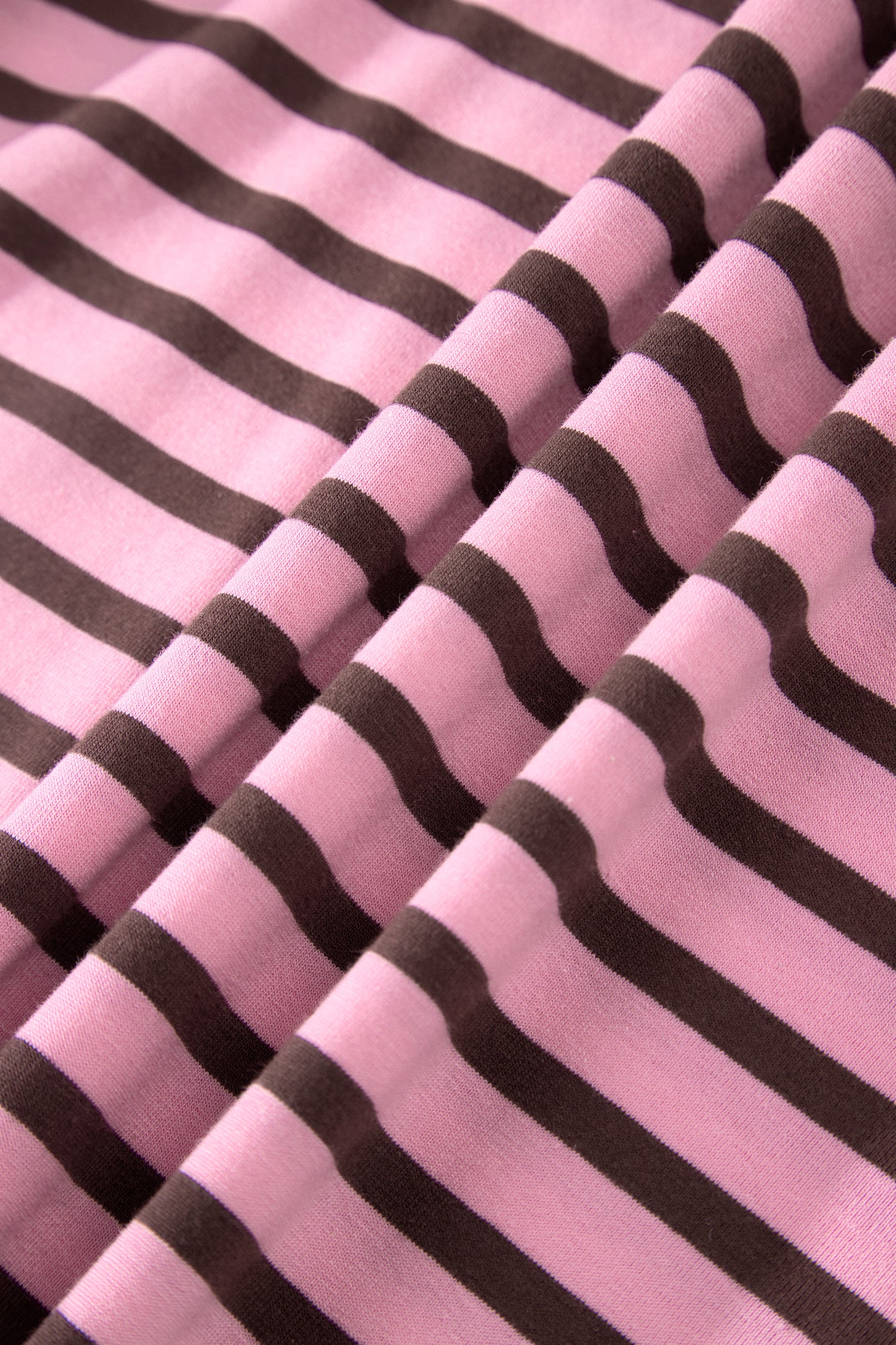 Rose Stripe Striped V-Neck Ribbed Collar Cuff Gathering Puff Sleeve Top