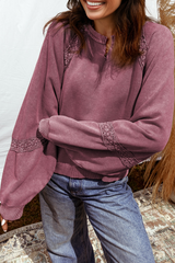 Red Dahlia Lace Applique Notched Neck Mineral Wash Baggy Sweatshirt