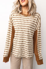 Brown Stripe Textured Knit Color Block Trim Long Sleeve Round Neck Top